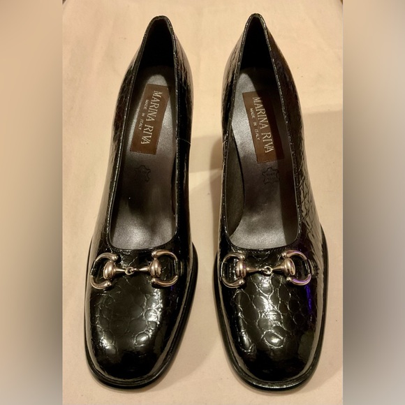 Marina Riva Vintage Black Heeled Loafer Crocodile-Embossed w/ Horse Bit Buckle - Picture 2 of 8